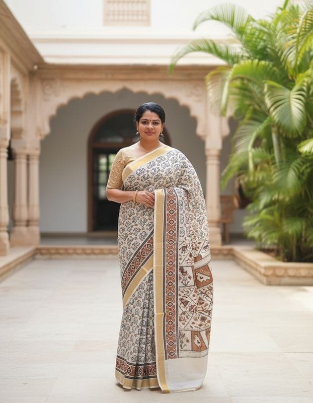 Kerala Traditional Cotton Elephant all over print Sarees